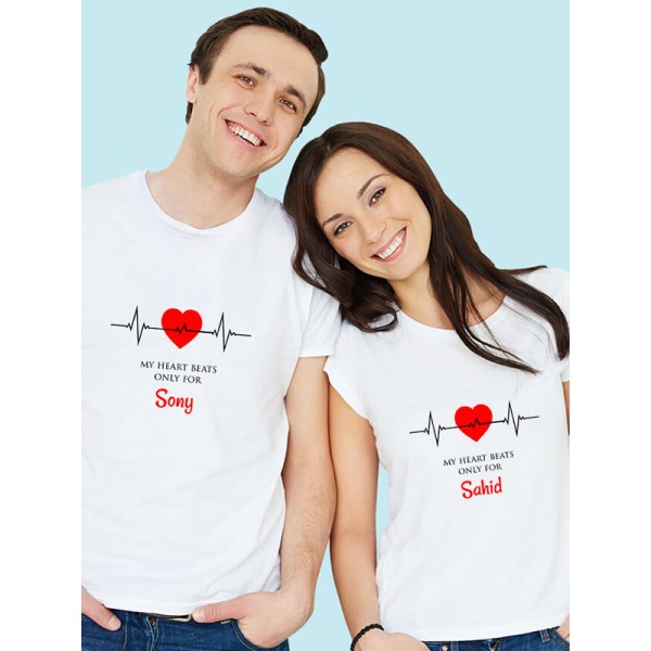 Heart Beat Theme On Personalized Couple Tshirt