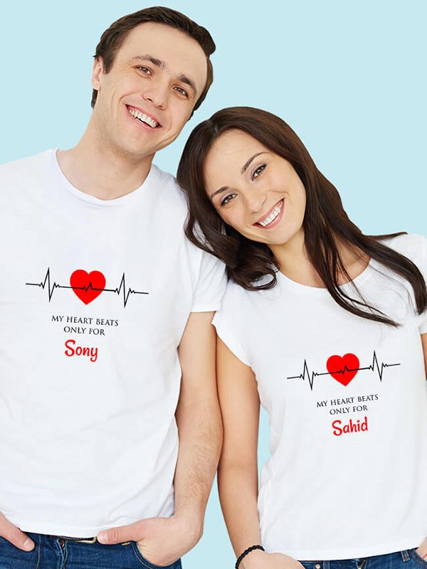 Custom Heart Beat Theme On Personalized Couple Tshirt