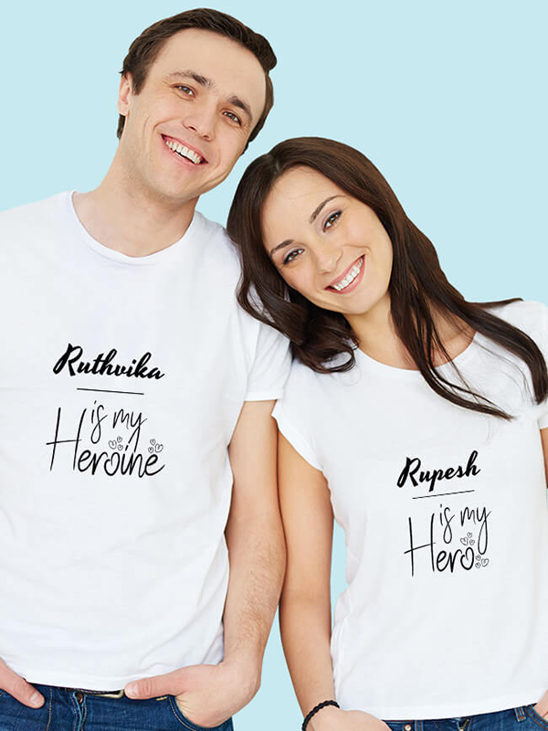 Custom He is My Hero, She is My Heroine with Names On Couple T-shirts For Men & Women