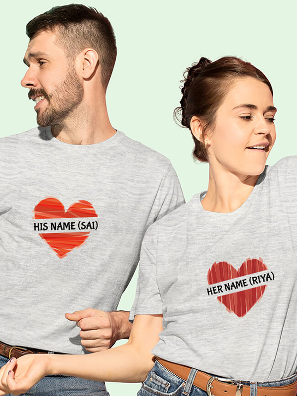 Custom His And Her Name Love Shape Couples T Shirt