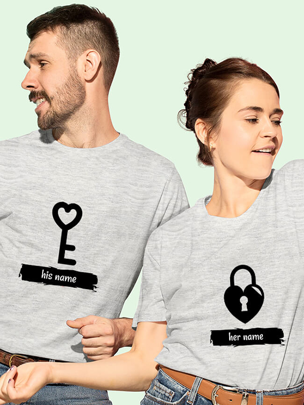 Custom Romantic Heart Lock And Vertical Key Couples T Shirt