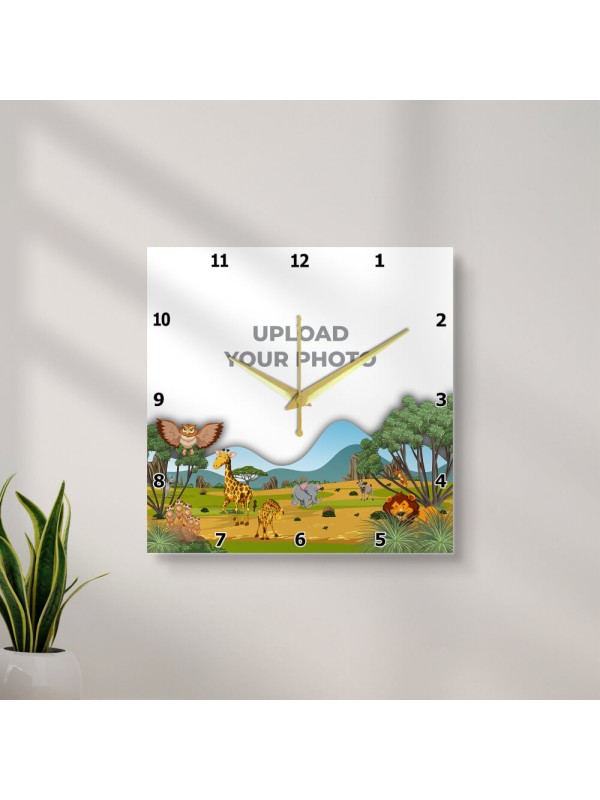 Kids Square Shaped Cartoon Characters Foreground Photo Wall Clock