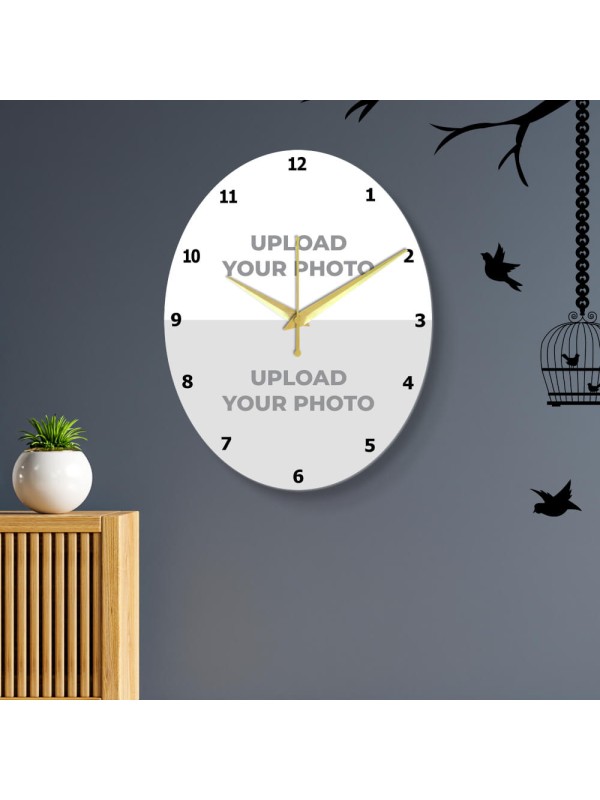 Oval Double Picture Upload Clock Design Photo Wall Clock