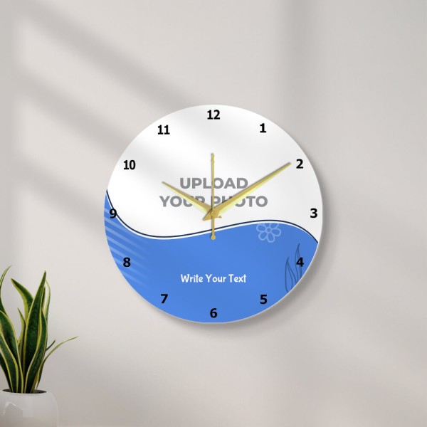Custom Circle Shaped With Text In Blue Colored Background Photo Wall Clock
