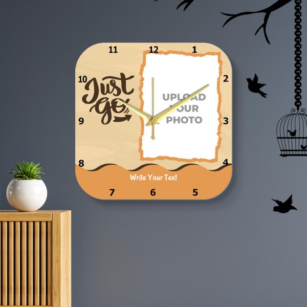 Custom Curved Square Shaped With Text In Wavy Orange Colored Background Photo Wall Clock