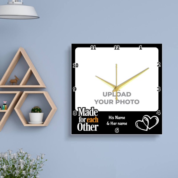 Custom Simple Square Shaped Photo Wall Clock With Made For Each Other Custom Text