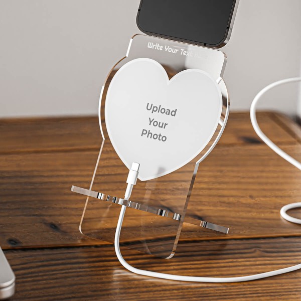 Custom Full Pic Love Shaped Photo Phone Stand With Text Bottom