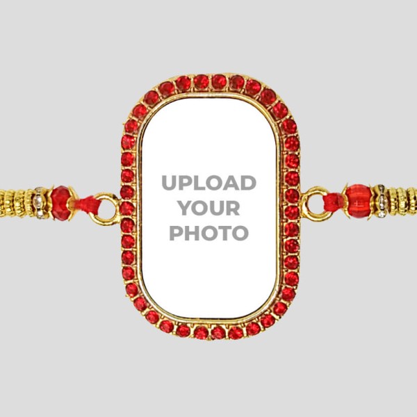 Custom Rectangle Shape Red Color Stones Rakhi