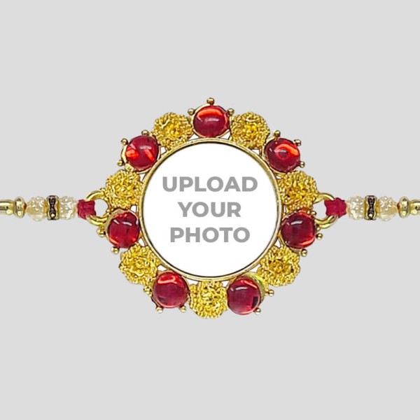 Custom Ruby Red Round Stones Photo Rakhi