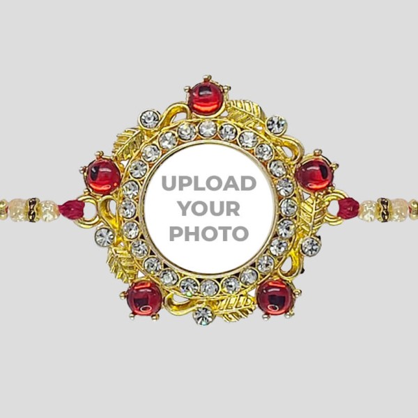 Custom Ruby Red With Small White Round Stones Rakhi