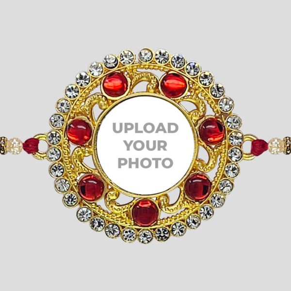 Custom Ruby Red With White Round Stones Rakhi