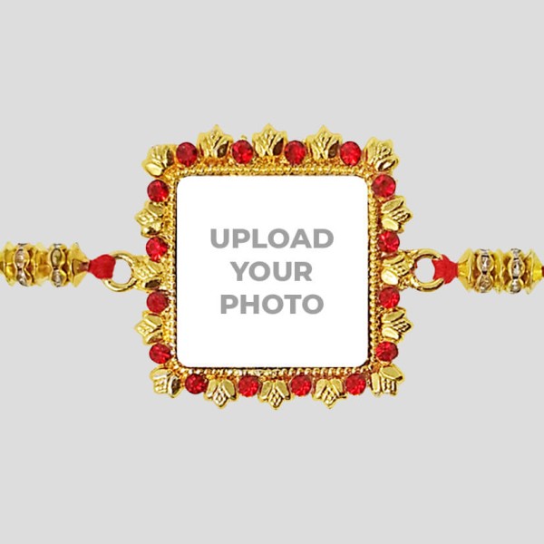 Custom Square Shape Red Color Stones Rakhi