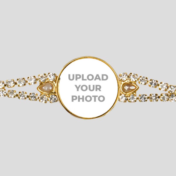 Custom Golden Crystal White Stones Photo Rakhi