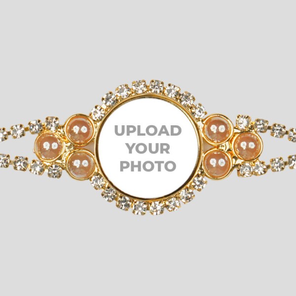 Custom Radiant Peach Crystal White Stones Photo Rakhi