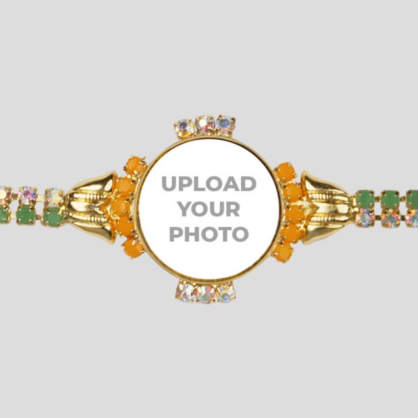 Custom Orange and Green Square Stones Photo Rakhi
