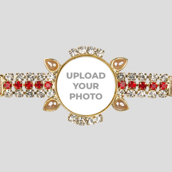 Custom Ruby Shine Square Stones Leaf Photo Rakhi