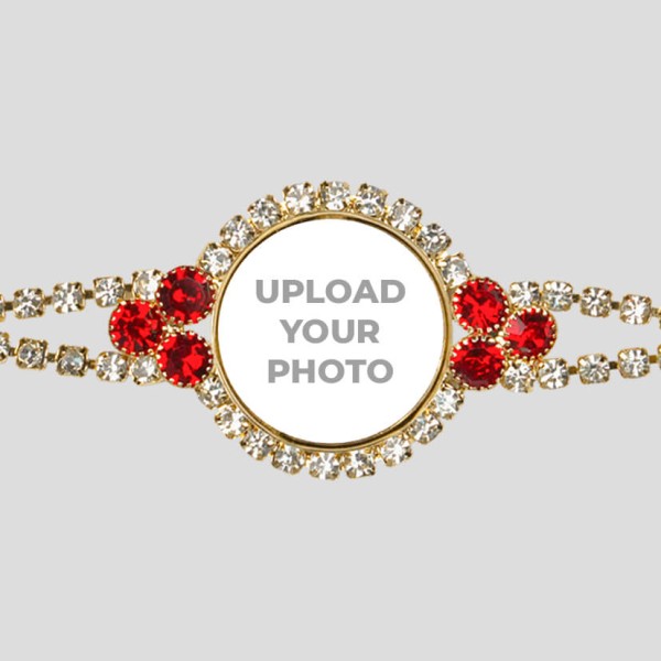 Custom Golden Red Round Stones Photo Rakhi