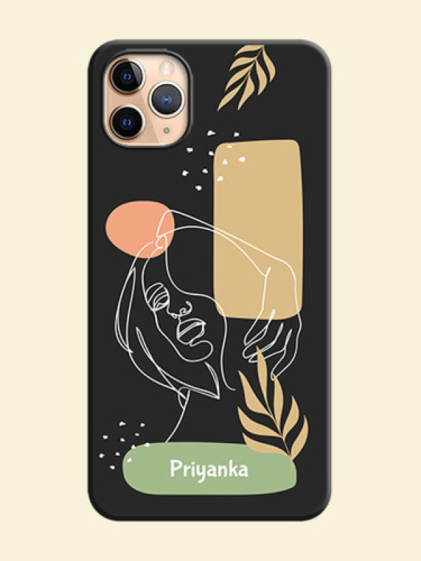 Custom Text With Line Art Of Women & Leaves Design On Space Black Personalized Soft Matte Phone Covers -Apple Iphone 11 Pro Max