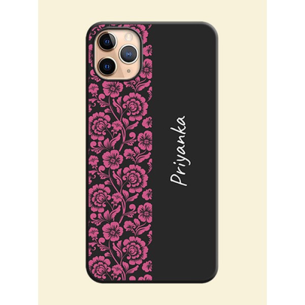 Pink Floral Pattern Design With Custom Text On Space Black Personalized Soft Matte Phone Covers -Apple Iphone 11 Pro Max Pink Floral Pattern Design With Custom Text On Space Black Personalized Soft Matte Phone Covers -Apple Iphone 11 Pro Max
