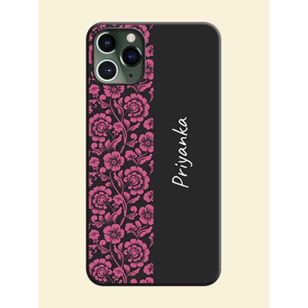 Pink Floral Pattern Design With Custom Text On Space Black Personalized Soft Matte Phone Covers -Apple Iphone 11 Pro Pink Floral Pattern Design With Custom Text On Space Black Personalized Soft Matte Phone Covers -Apple Iphone 11 Pro