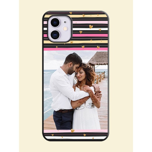 Multicolor Lines and Golden Love Symbols Design - Photo on Space Black Soft Matte Mobile Cover - iPhone 11 Multicolor Lines and Golden Love Symbols Design - Photo on Space Black Soft Matte Mobile Cover - iPhone 11