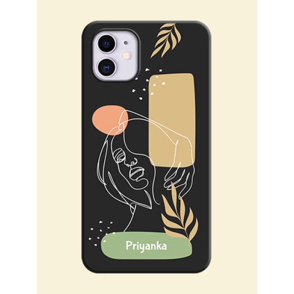 Custom Text With Line Art Of Women & Leaves Design On Space Black Personalized Soft Matte Phone Covers -Apple Iphone 11 Custom Text With Line Art Of Women & Leaves Design On Space Black Personalized Soft Matte Phone Covers -Apple Iphone 11