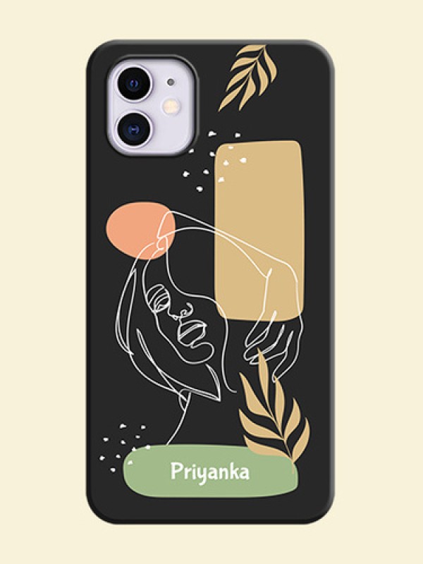 Custom Text With Line Art Of Women & Leaves Design On Space Black Personalized Soft Matte Phone Covers -Apple Iphone 11