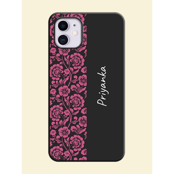 Pink Floral Pattern Design With Custom Text On Space Black Personalized Soft Matte Phone Covers -Apple Iphone 11 Pink Floral Pattern Design With Custom Text On Space Black Personalized Soft Matte Phone Covers -Apple Iphone 11