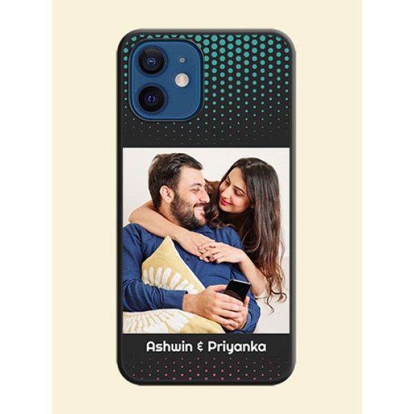 Faded Dots with Grunge Photo Frame and Text on Space Black Custom Soft Matte Phone Cases - iPhone 12 Mini Faded Dots with Grunge Photo Frame and Text on Space Black Custom Soft Matte Phone Cases - iPhone 12 Mini