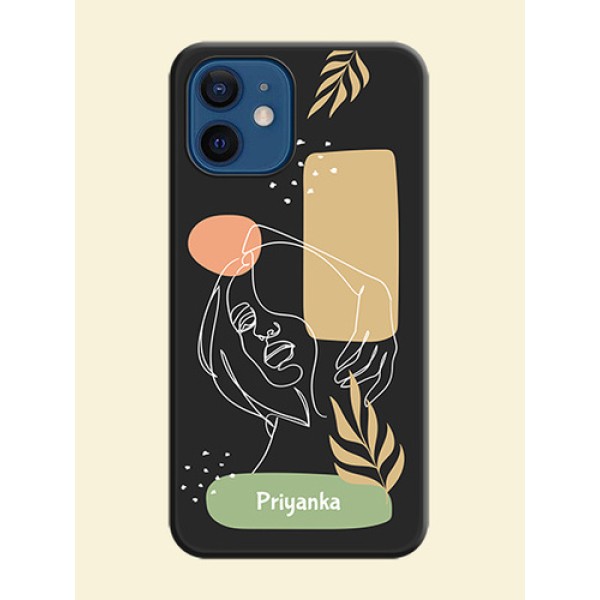 Custom Text With Line Art Of Women & Leaves Design On Space Black Personalized Soft Matte Phone Covers -Apple Iphone 12 Mini Custom Text With Line Art Of Women & Leaves Design On Space Black Personalized Soft Matte Phone Covers -Apple Iphone 12 Mini
