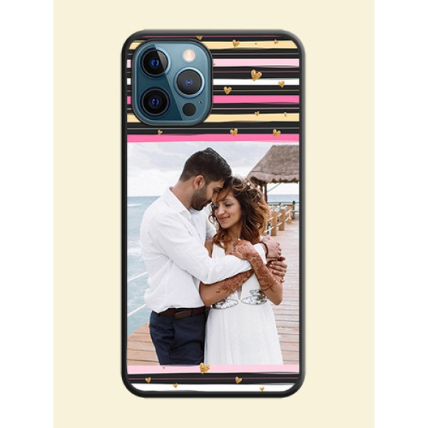 Multicolor Lines and Golden Love Symbols Design on Photo on Space Black Soft Matte Mobile Cover - iPhone 12 Pro Max Multicolor Lines and Golden Love Symbols Design on Photo on Space Black Soft Matte Mobile Cover - iPhone 12 Pro Max