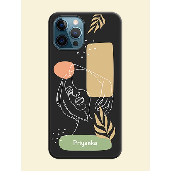Custom Text With Line Art Of Women & Leaves Design On Space Black Personalized Soft Matte Phone Covers -Apple Iphone 12 Pro Max Custom Text With Line Art Of Women & Leaves Design On Space Black Personalized Soft Matte Phone Covers -Apple Iphone 12 Pro Max