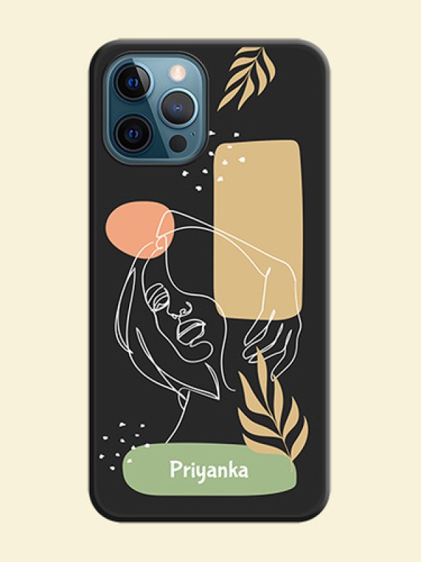 Custom Text With Line Art Of Women & Leaves Design On Space Black Personalized Soft Matte Phone Covers -Apple Iphone 12 Pro Max