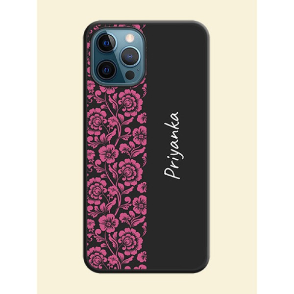 Pink Floral Pattern Design With Custom Text On Space Black Personalized Soft Matte Phone Covers -Apple Iphone 12 Pro Max Pink Floral Pattern Design With Custom Text On Space Black Personalized Soft Matte Phone Covers -Apple Iphone 12 Pro Max