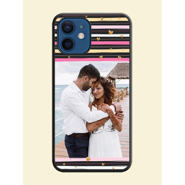 Multicolor Lines and Golden Love Symbols Design on Photo on Space Black Soft Matte Mobile Cover - iPhone 12 Multicolor Lines and Golden Love Symbols Design on Photo on Space Black Soft Matte Mobile Cover - iPhone 12
