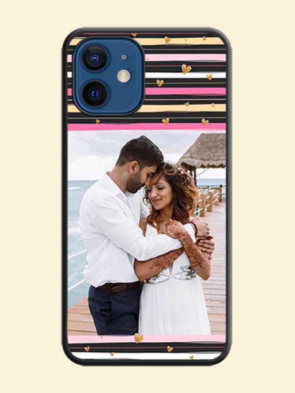 Multicolor Lines and Golden Love Symbols Design on Photo on Space Black Soft Matte Mobile Cover - iPhone 12