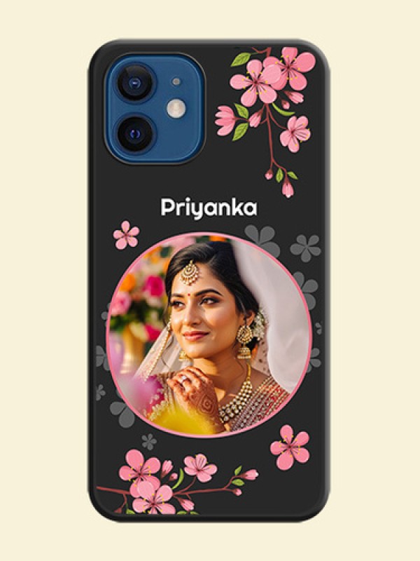 Round Image with Pink Color Floral Design on Photo on Space Black Soft Matte Back Cover - iPhone 12
