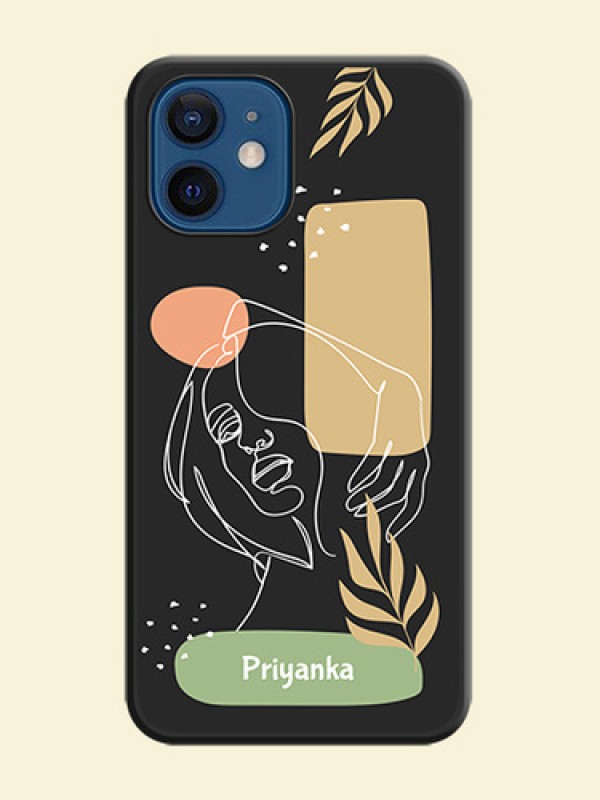 Custom Text With Line Art Of Women & Leaves Design On Space Black Personalized Soft Matte Phone Covers -Apple Iphone 12