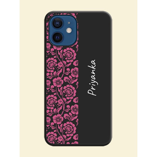 Pink Floral Pattern Design With Custom Text On Space Black Personalized Soft Matte Phone Covers -Apple Iphone 12 Pink Floral Pattern Design With Custom Text On Space Black Personalized Soft Matte Phone Covers -Apple Iphone 12