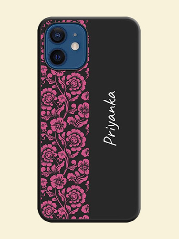 Pink Floral Pattern Design With Custom Text On Space Black Personalized Soft Matte Phone Covers -Apple Iphone 12