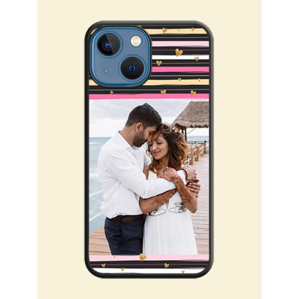 Multicolor Lines and Golden Love Symbols Design on Photo on Space Black Soft Matte Mobile Cover - iPhone 13 Mini Multicolor Lines and Golden Love Symbols Design on Photo on Space Black Soft Matte Mobile Cover - iPhone 13 Mini