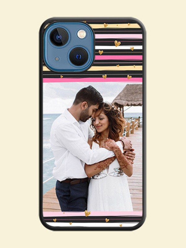 Multicolor Lines and Golden Love Symbols Design on Photo on Space Black Soft Matte Mobile Cover - iPhone 13 Mini
