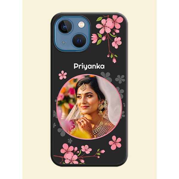 Round Image with Pink Color Floral Design on Photo on Space Black Soft Matte Back Cover - iPhone 13 Mini