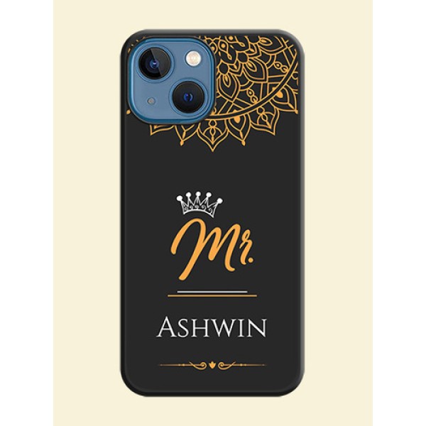 Mr Name with Floral Design on Personalised Space Black Soft Matte Cases - iPhone 13 Mini