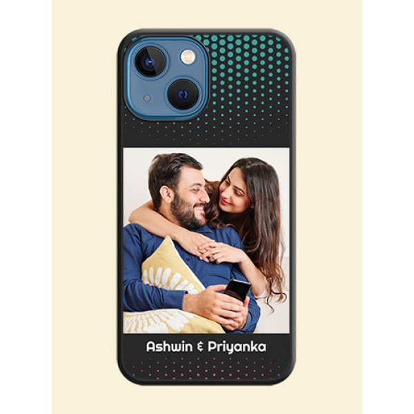 Faded Dots with Grunge Photo Frame and Text on Space Black Custom Soft Matte Phone Cases - iPhone 13 Mini Faded Dots with Grunge Photo Frame and Text on Space Black Custom Soft Matte Phone Cases - iPhone 13 Mini