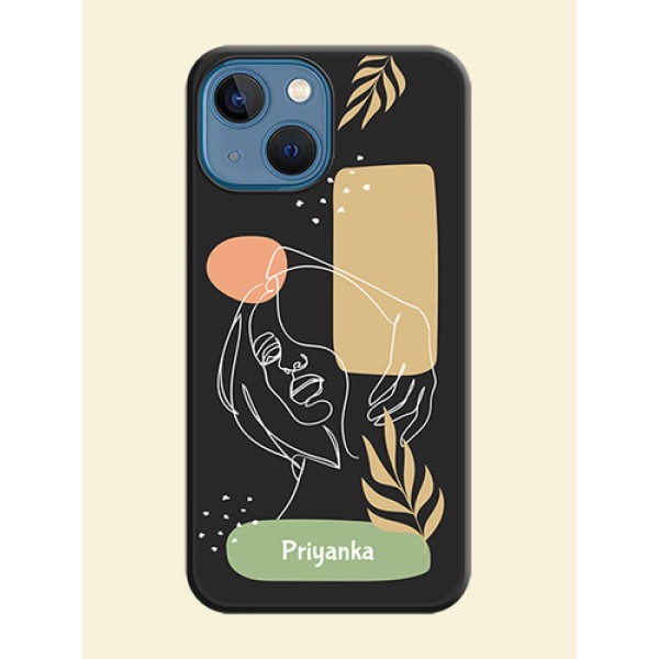 Custom Text With Line Art Of Women & Leaves Design On Space Black Personalized Soft Matte Phone Covers -Apple Iphone 13 Mini Custom Text With Line Art Of Women & Leaves Design On Space Black Personalized Soft Matte Phone Covers -Apple Iphone 13 Mini