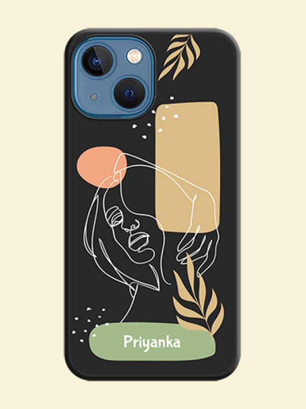 Custom Text With Line Art Of Women & Leaves Design On Space Black Personalized Soft Matte Phone Covers -Apple Iphone 13 Mini