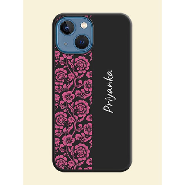 Pink Floral Pattern Design With Custom Text On Space Black Personalized Soft Matte Phone Covers -Apple Iphone 13 Mini Pink Floral Pattern Design With Custom Text On Space Black Personalized Soft Matte Phone Covers -Apple Iphone 13 Mini
