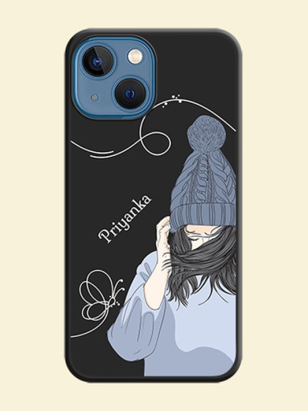 Girl With Blue Winter Outfiit Custom Text Design On Space Black Personalized Soft Matte Phone Covers -Apple Iphone 13 Mini