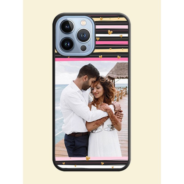 Multicolor Lines and Golden Love Symbols Design on Photo on Space Black Soft Matte Mobile Cover - iPhone 13 Pro Max Multicolor Lines and Golden Love Symbols Design on Photo on Space Black Soft Matte Mobile Cover - iPhone 13 Pro Max